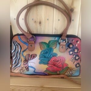 ANUSCHKA Women's Hand Painted Leather Rose Safari Satchel Bag w/ Shoulder Strap